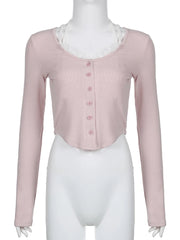 Voguable  Lace Patchwork Fake Two Piece T-shirt Coquette Aesthetic Kawaii Crop Top Janpanese Fashion Button Up Cardigan Women voguable
