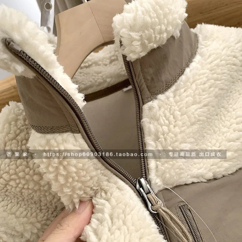 Autumn Winter Lambswool Coat Male Loose Windproof Warm Sherpa Stand Collar Polar Fleece Jacket Unisex Simple  Pocket Spliced Top voguable