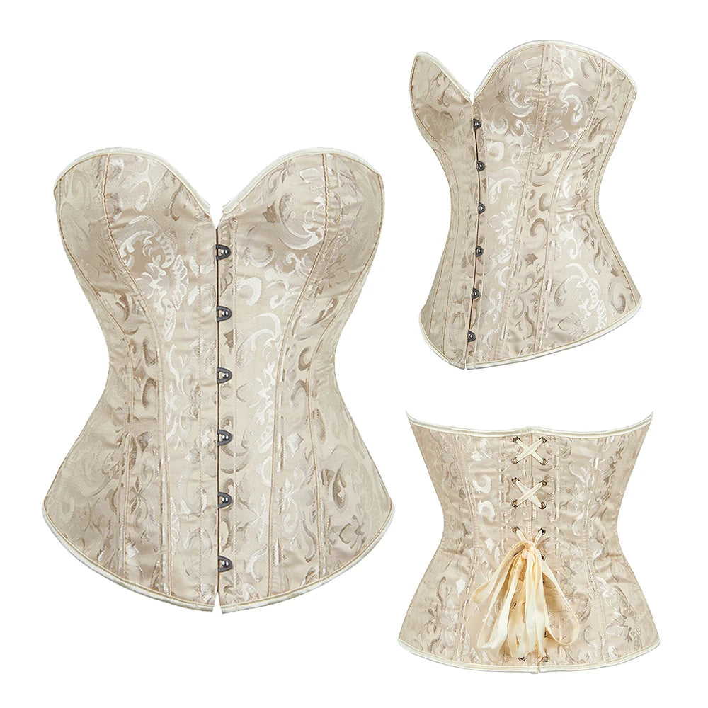 Voguable Overbust Corset Jacquard Floral Black White Pink Blue Korset Fish Boned Gothic Bustier Top Front Busk Clothing Gorset voguable