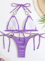 Voguable Sexy Triangle Bikinis Set Women 2024 Solid Pink Criss Cross Velvet Swimsuit Luxury Rhinestone Bathing Suit Metal Swimwear Y2K voguable