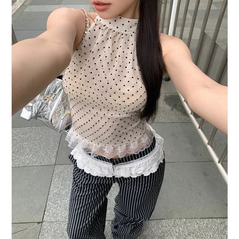Voguable 2024 Summer New Streetwear Polka Dot Lace Patchwork Sexy Camisole Women + Contrast Color Striped Wide Leg Pants Two-piece Suit voguable
