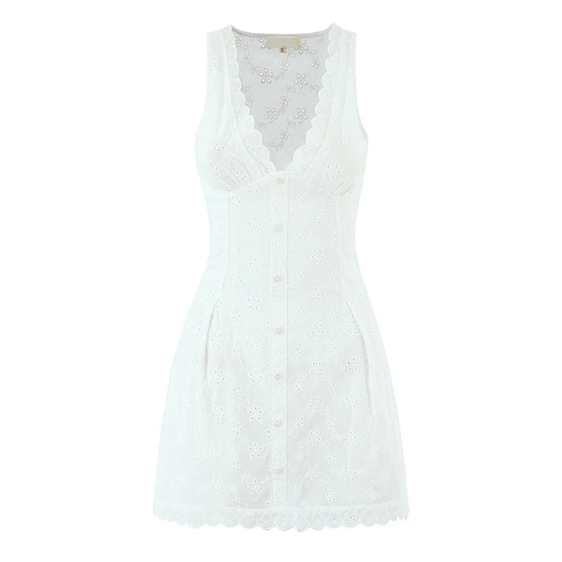 European And American Sexy Hollow Out Embroidered Dress Women V Neck Sleeveless A-line Mini White Dresses Summer Robe voguable