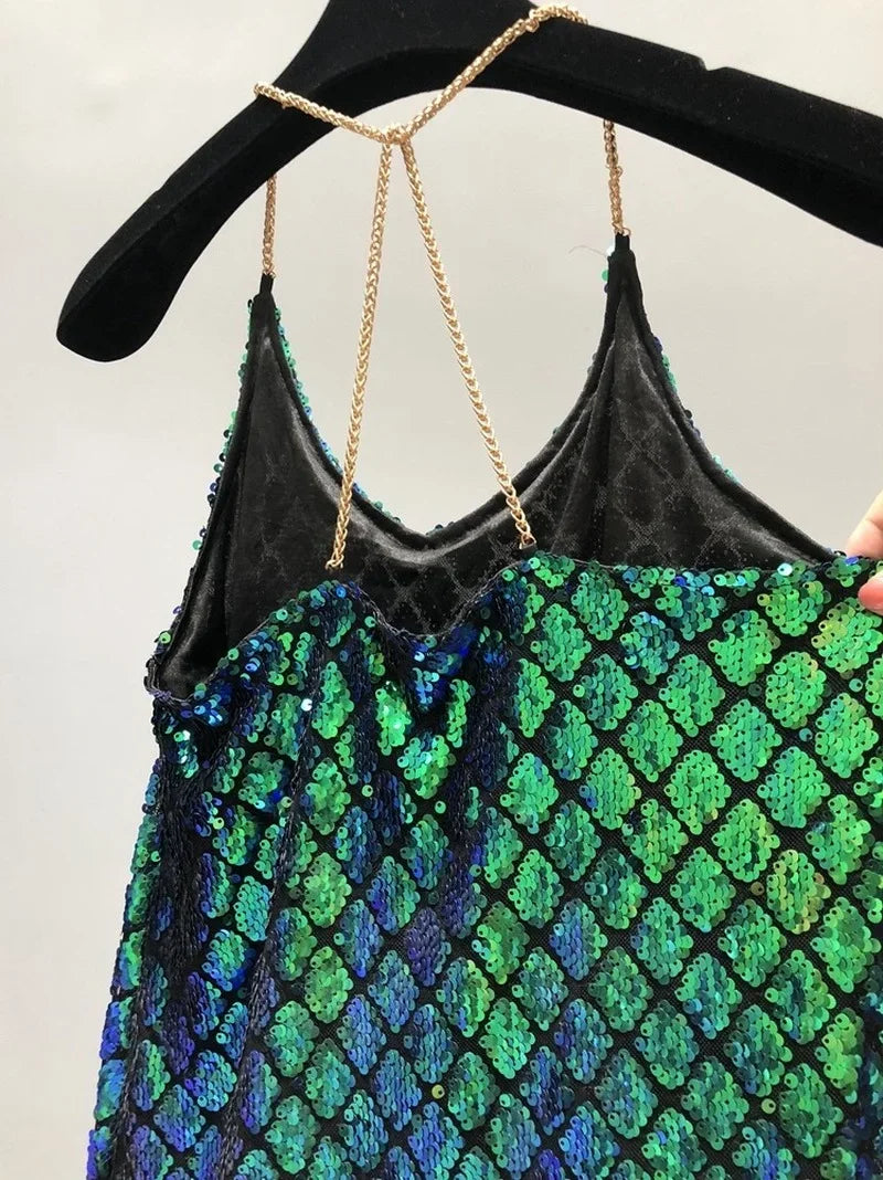 Voguable  Sexy Dresses Party Night Club Dress Dress Summer Metal Hanging Neck Sequins Backless Holiday Skirt with Shoulder-straps voguable