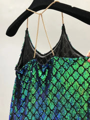 Voguable  Sexy Dresses Party Night Club Dress Dress Summer Metal Hanging Neck Sequins Backless Holiday Skirt with Shoulder-straps voguable