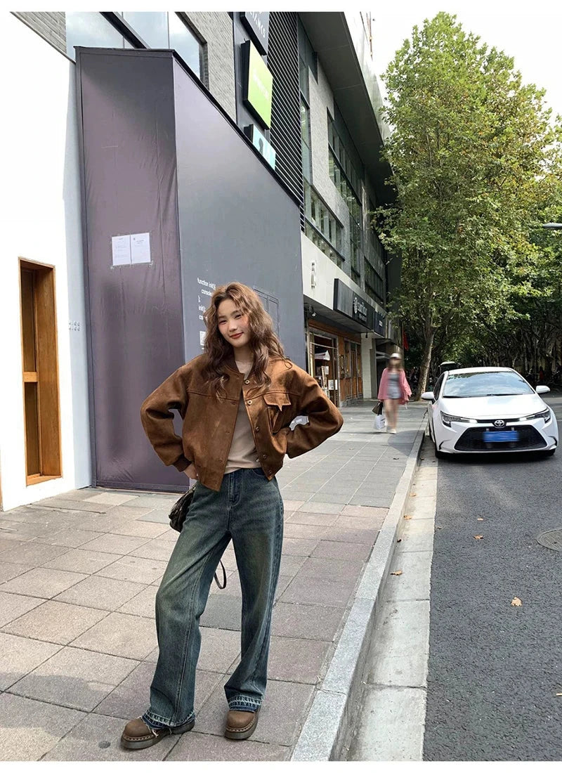 Y2K Retro Baseball Jacket Women Faux Suede Long Sleeve Fall Winter Coat Streetwear Casual American Vintage O Neck Bf Tops voguable