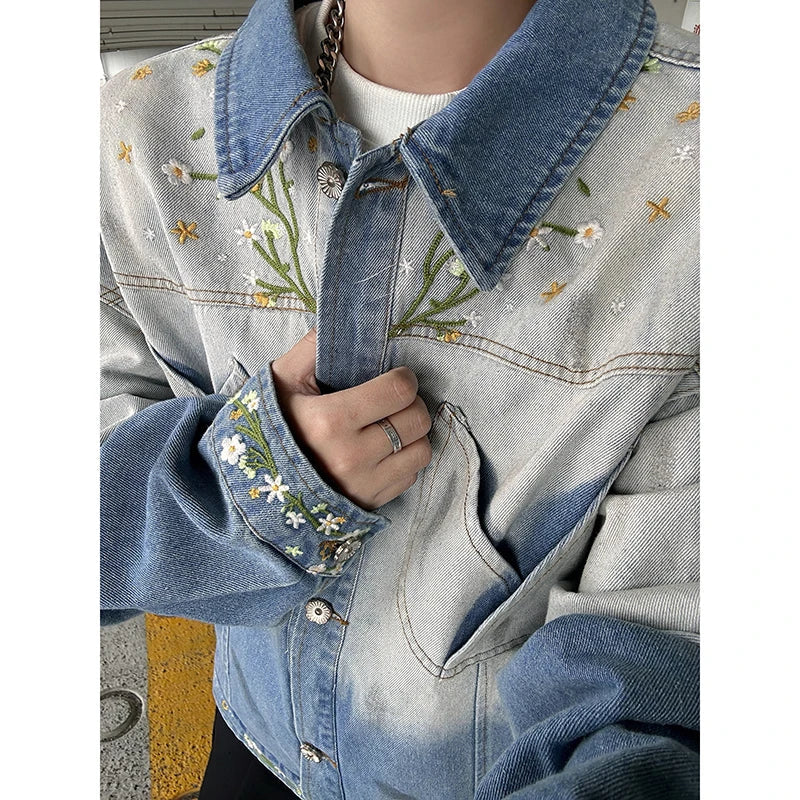 American Gradient Floral Embroidered Denim Jackets Men Women Korean Version Heavy Loose Tops Trendy Design Jackets Aesthetic voguable