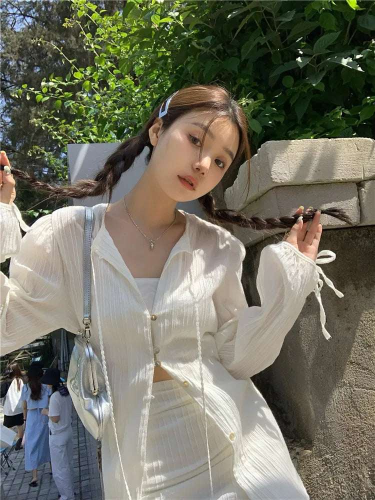 Voguable 2024 Spring New High Street Fashion Sunscreen White Long-sleeved Shirt for Women + Sexy Slim A-line Skirt Two-piece Suit voguable