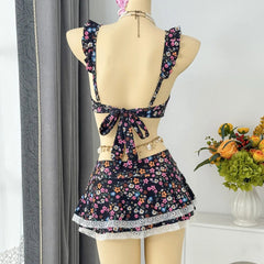 Voguable  Cute Floral Print Bikini Set Bow Front Spaghetti Strap Top with Lace Trim Ruffle Skirt Cover Up Bikinis Set Swimsuit for Women voguable