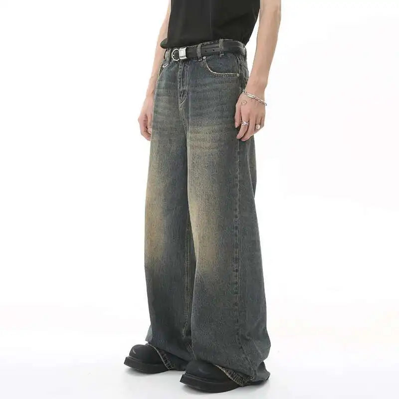Vintage Camouflage Men's Jeans Fashion Washed Casual Wide Leg Denim Pants Autumn Winter Loose Male Trousers Old Blue 9C354 voguable