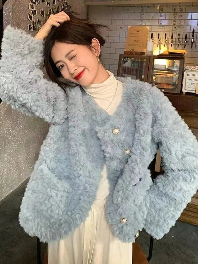 Women Sweet Cute Faux Lamb Coat Winter Warm Thick Slim Long Sleeve Vintage Jacket Korean O Neck Elegant Pearls Buttons Tops New voguable