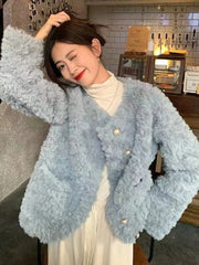 Women Sweet Cute Faux Lamb Coat Winter Warm Thick Slim Long Sleeve Vintage Jacket Korean O Neck Elegant Pearls Buttons Tops New voguable