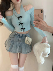 Voguable Coqutte Off The Shoulder Tops Fake 2pcs Hotsweet Solid Color Collar Halter Kpop Slim T Shirt Long Sleeve Basic Shirts. voguable