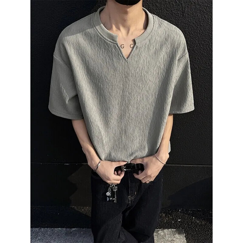 Summer Short Sleeved T-shirt Men Casual V-neck T Shirt Men Streetwear Korean Loose Pleated T Shirt Mens Top Large Size 5XL voguable