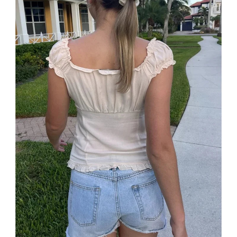 y2k Tank Top Women Summer Clothes Solid Color Cap Sleeve Button Down Slim Fit Frill T Shirt 2000s Vest Streetwear voguable