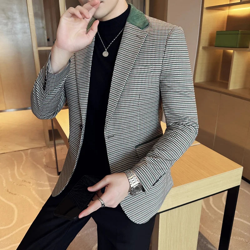 Voguable  Luxury and Fashionable Men's Suit Jacket Blazer Business Slim Fit Lapel Plaid Dress Suit Wedding Groom Tailcoat Suit Jacket4XL-M voguable