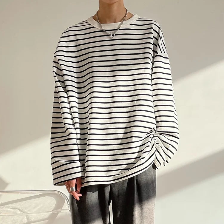 Autumn Korean Fashion Retro Heavy Striped Long Sleeve T-shirt Men Round Neck Harajuku Loose Casual Inner Wear Oversized T Shirt voguable