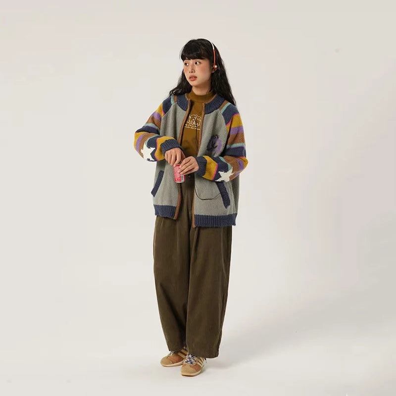 Vintage Rainbow Striped Sweater for Women Winter New Soft Long Sleeve Knitted Cardigan Female Harajuku Loose O Neck Zipper Coat voguable