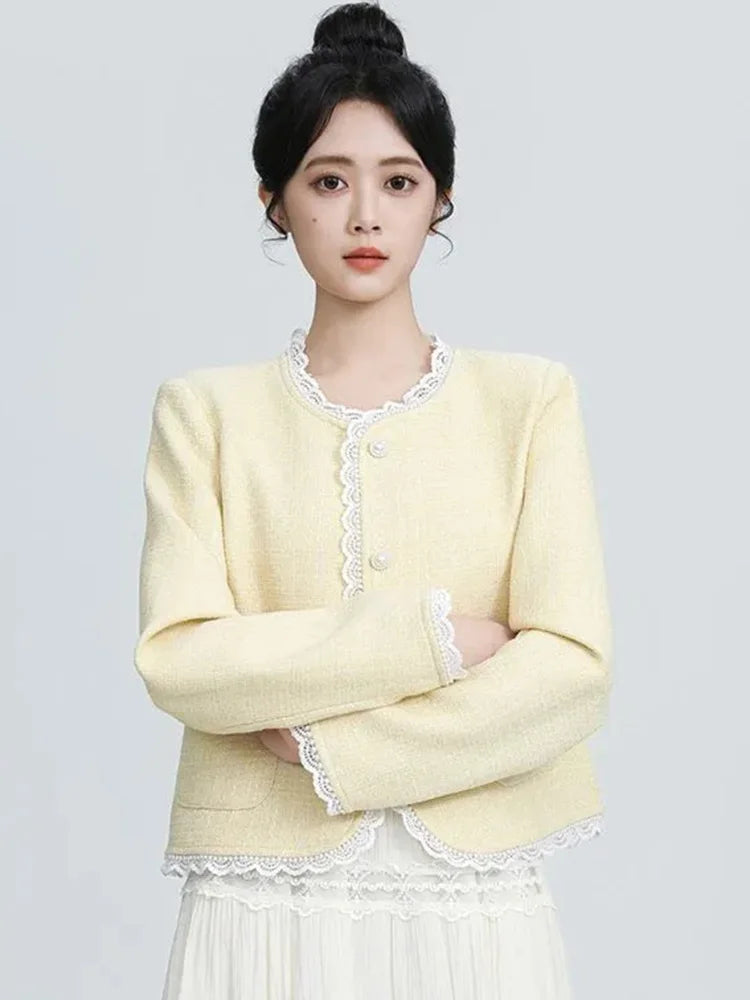 Sweet Yellow Tweed Jackets Women Vintage Lace Patchwork Elegant Short Coat French Retro Casual O Neck Long Sleeve Fall Outwear voguable