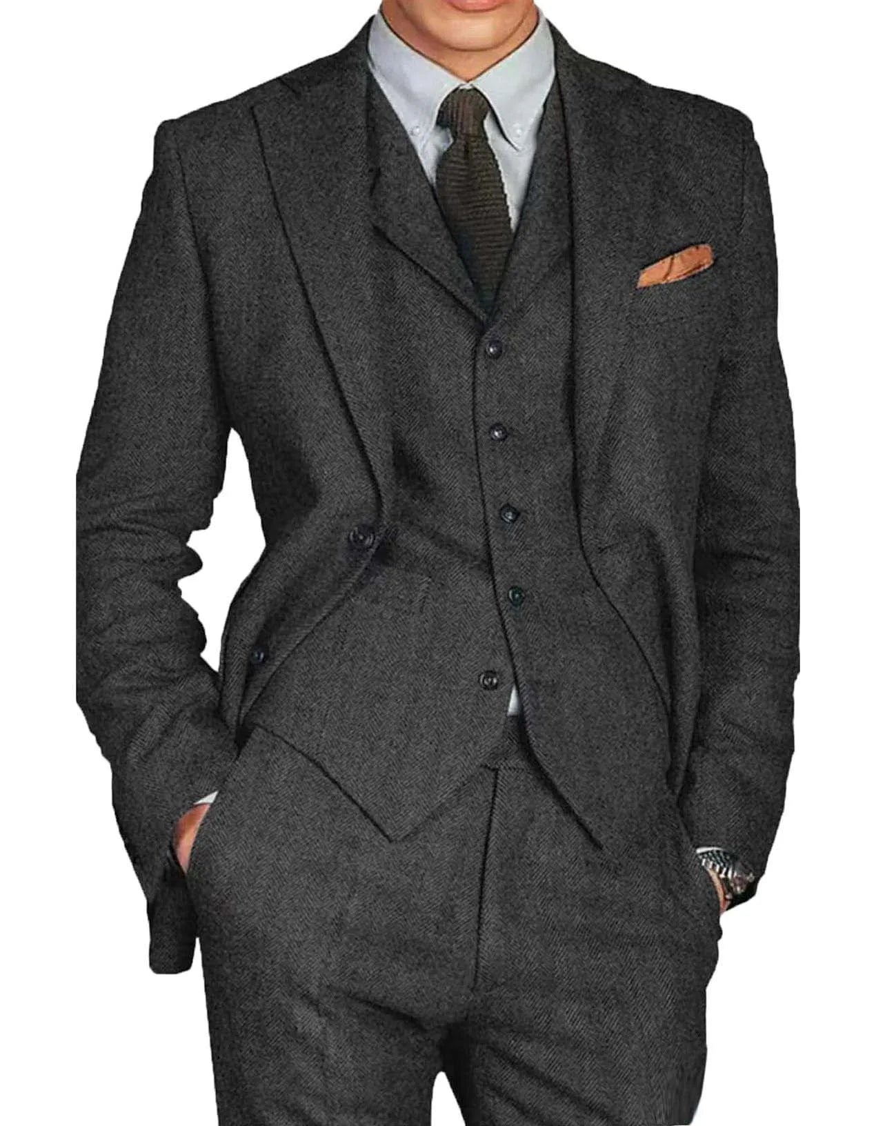 Voguable  Retro Tweed Herringbone Suit Men's  Slim Fit Single-breasted 3 Pieces Mens Suit Groom Dress Tuxedos Prom Suit Jacket Vest Pants voguable