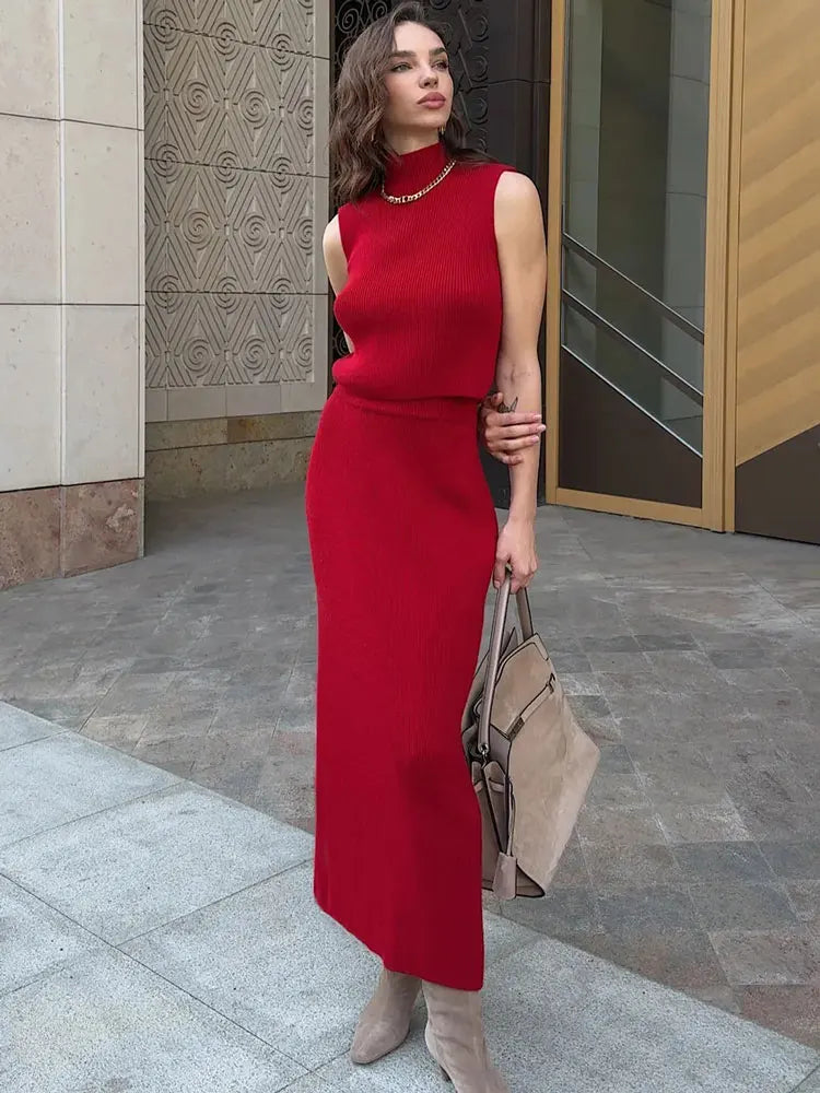Elegant Knitwear 2 Piece-Set Long Dress Female Ribbed Sweater Pullover And Loose Patchwork Maxi Skirt Sets Ladies Outfits voguable