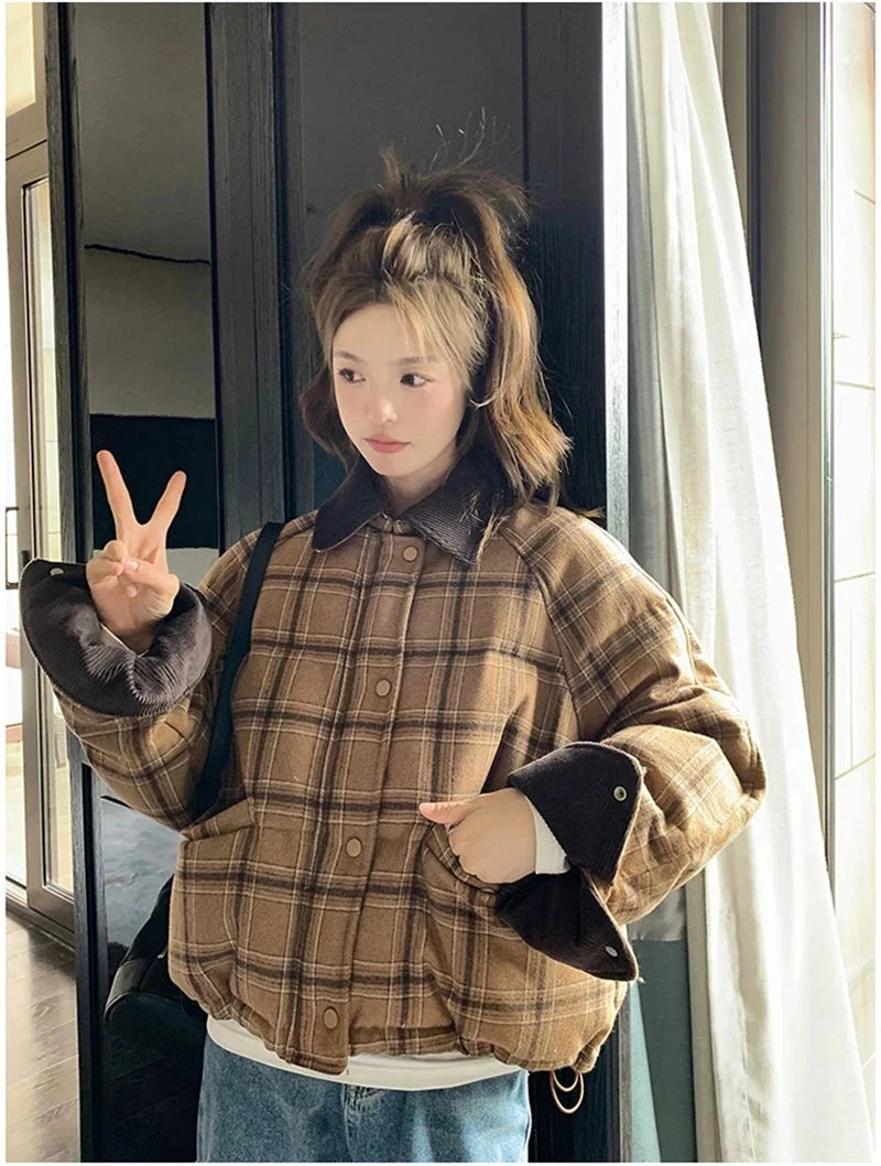 Warm Vintage Plaid Parkas Women Loose Long Sleeve Winter Thick Cotton Coat Korean Casual Pockets Cute Sweet Jacket Tops New voguable