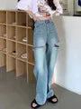 New High Waist Ripped Straight Women's Jeans Women Blue Denim Trousers Y2k Korean Clothing Fashion Streetwear Baggy Pants voguable