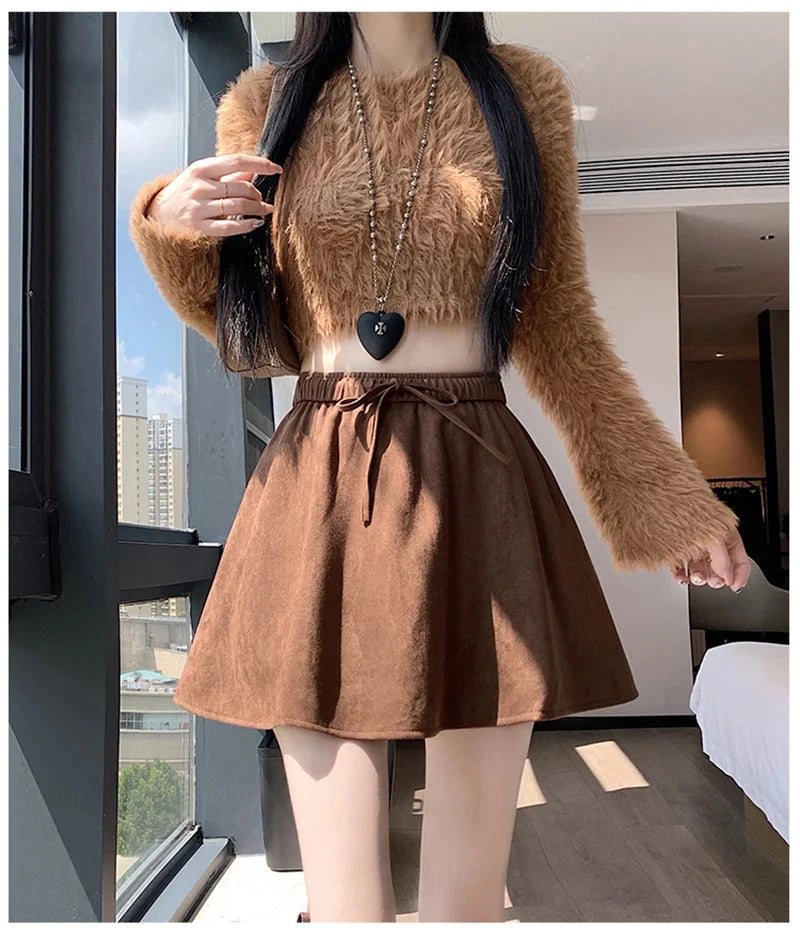 Y2K Leopard Mini Skirt Women High Waist Faux Suede Fabric A Line Skirts Streetwear Fall Winter Loose Vintage Sexy Skirts voguable