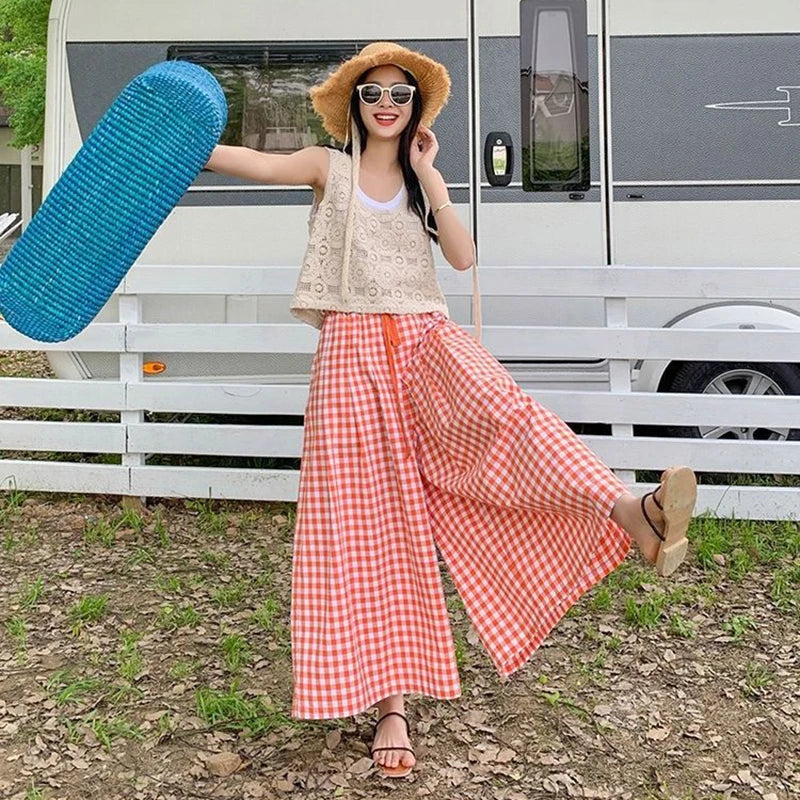 MEXZT Retro Plaid Wide Leg Pants Women Streetwear High Waist Drawstring Loose Casual Trousers Summer Korean All Match Skirt Pant voguable