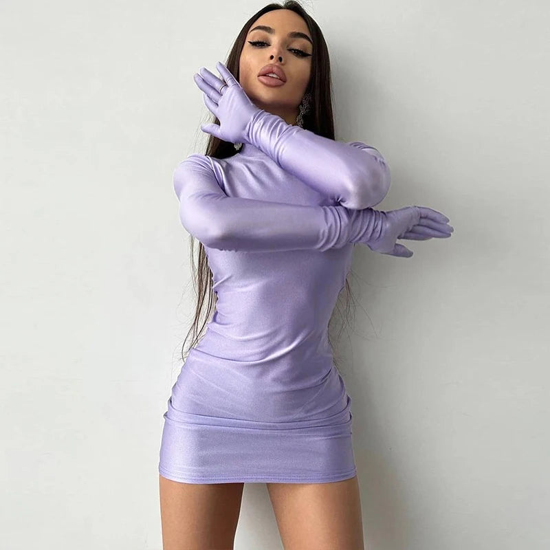 Solid Long Sleeve With Gloves Mini Dress Bodycon Sexy Streetwear Party Half Turtleneck Outfits Y2K Clothes Wholesale voguable