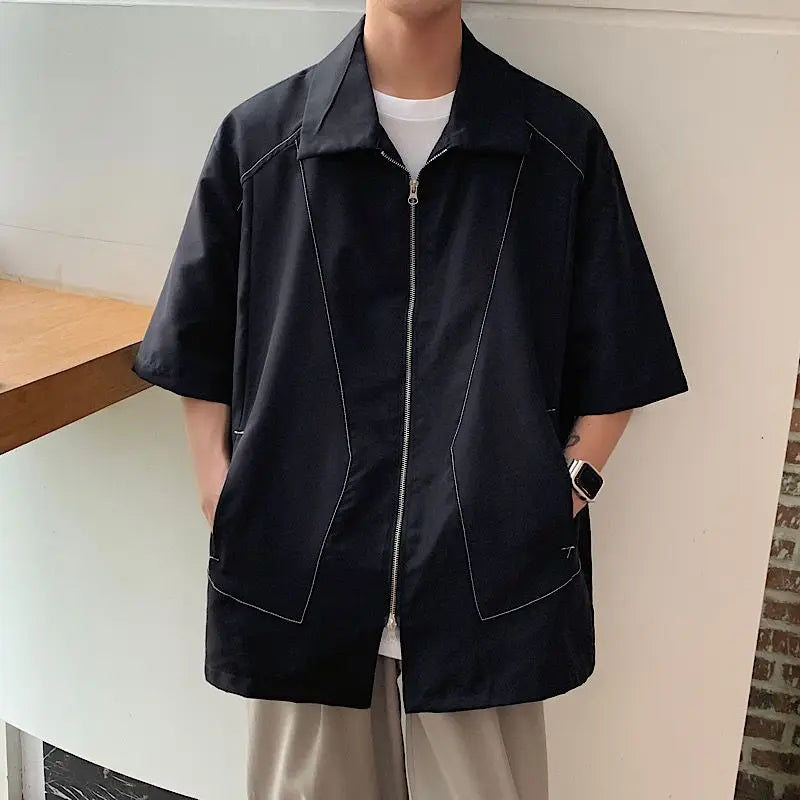 Voguable  Summer Bright Thread Splicing Short-sleeved Shirt for Men Double Zippered Cardigan voguable