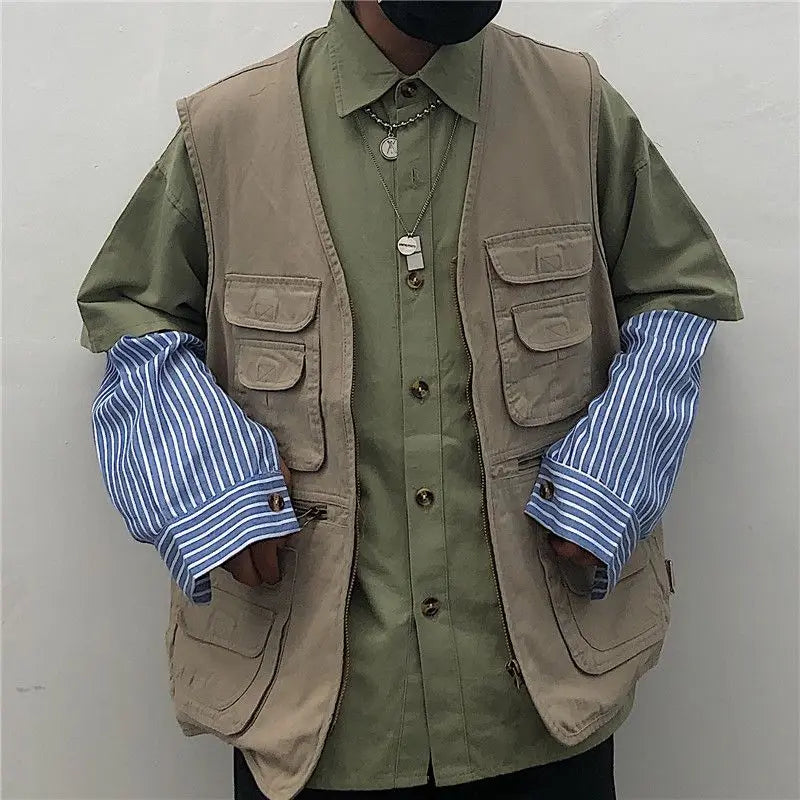 Cargo High-end Vest Korean Style Streetwear Japanese Retro Functional Multi-pocket Work Solid Color Pocket Vest Jacket Aesthetic voguable
