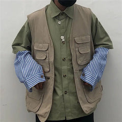 Cargo High-end Vest Korean Style Streetwear Japanese Retro Functional Multi-pocket Work Solid Color Pocket Vest Jacket Aesthetic voguable