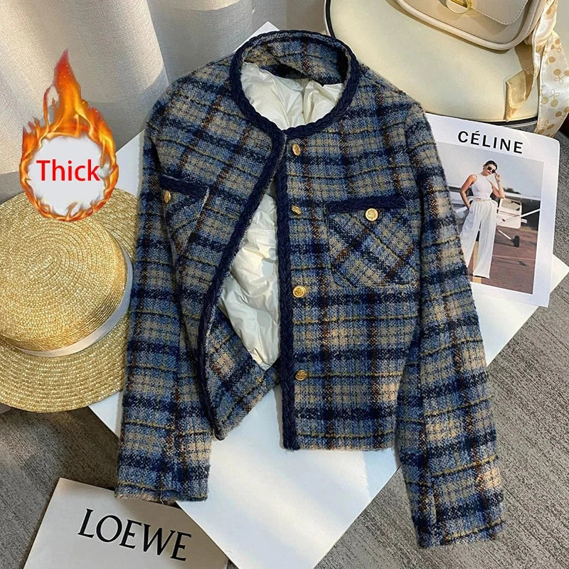 Thick Warm Elegant Tweed Jacket Women Slim Vintage Long Sleeve Winter Coat Korean Casual O Neck Female Retro Sweet Tops New voguable