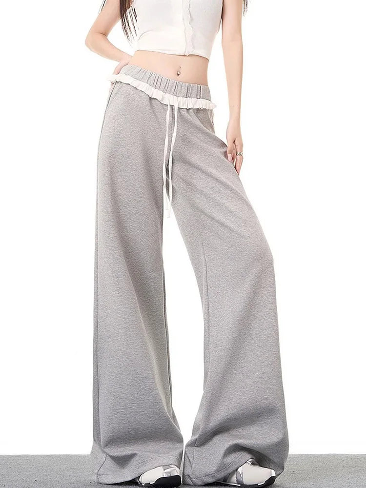 Elegant Vintage Gray Sweatpants Women High Waist Korean Sweet Wide Leg Pant Fall Retro Loose Ruffles Pockets Lady Trousers voguable
