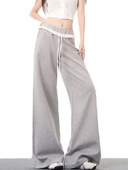 Elegant Vintage Gray Sweatpants Women High Waist Korean Sweet Wide Leg Pant Fall Retro Loose Ruffles Pockets Lady Trousers voguable