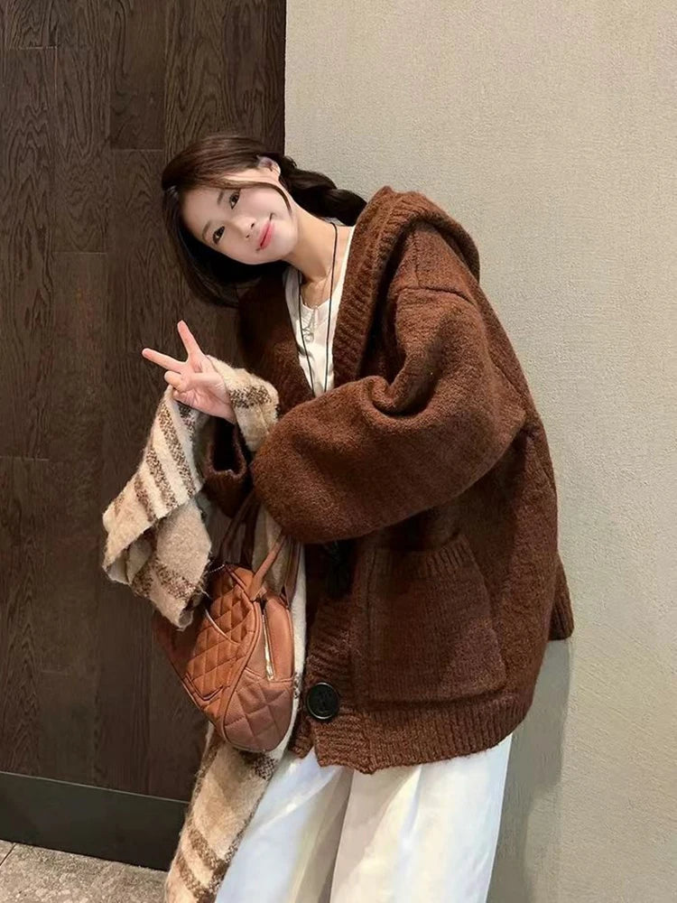 Korean Knitted Hoodie Sweater Women Autumn New Loose Lazy Style Long Sleeve Cardigan Fashion Single Breasted V Neck Knit Coats voguable