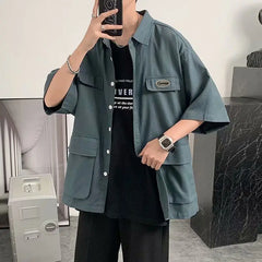 Voguable  Shirts for Men with Pocket Cargo Man Shirt Loose Korean Style Casual Asia Cool Hipster Original Half Sleeve Normal Collar I Xxl voguable