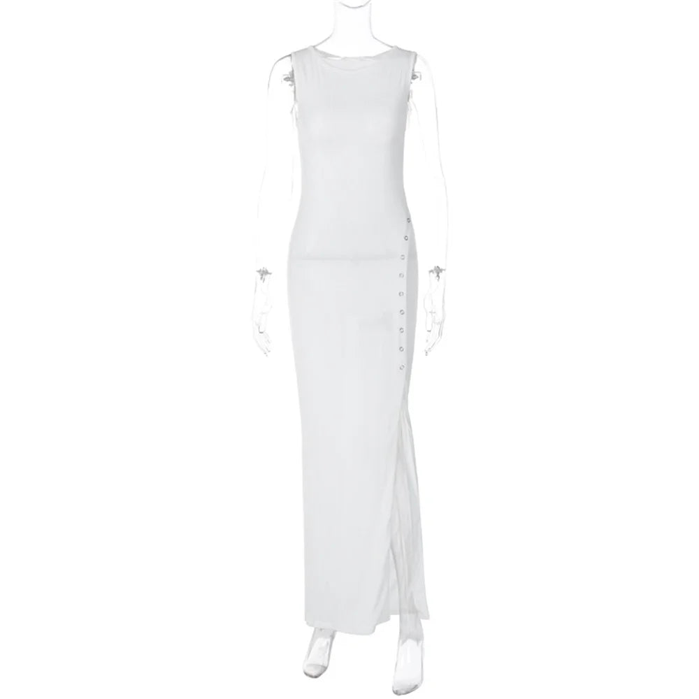 Voguable  O Neck Chic Side Single-breasted White Women Dress Sleeveless Temperament Split Slim Bag Hip Bodycon Lady Holiday Going Out Gown voguable