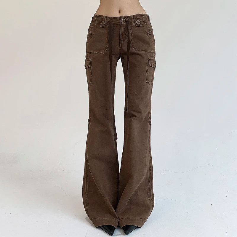 Voguable  Casual Basics Flare Jeans Brown Black All-match Street Style Boot Cut Denim Pants High Waist Vintage Trousers Women Y2K voguable