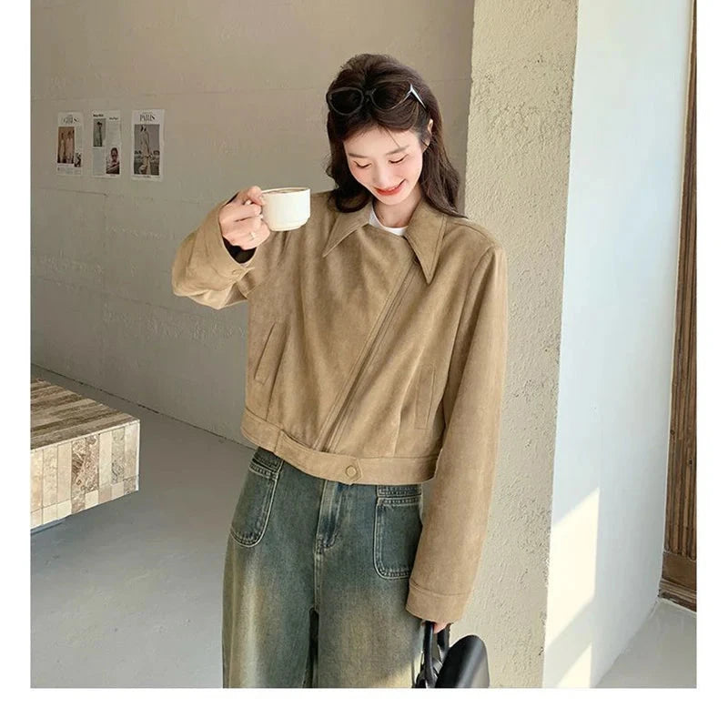 Retro Biker Faux Suede Jacket Women Fall Casual Long Sleeve Slim Short Coat Streetwear American Hip Hop Harajuku Tops New voguable