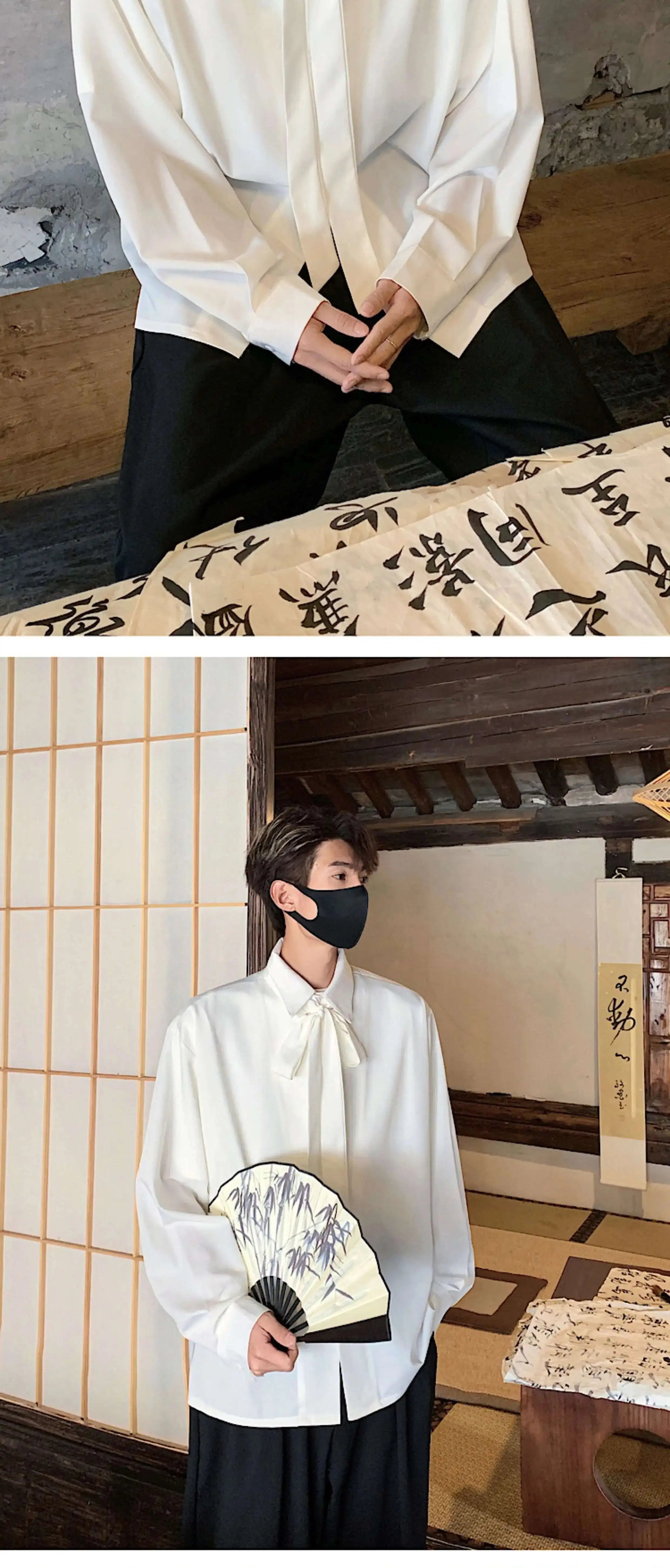 Korean Style Men's Shirts Turn-down Collar Detachable Tie Lace-up Design Single Breasted Casual Solid Color Male Tops 9W180 voguable