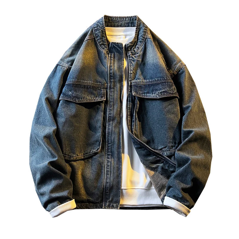 Spring Autumn Old Blue Loose Large Pocket Stand Collar Denim Jacket Men's Retro American High Street Zipper Jacket Top Urban voguable