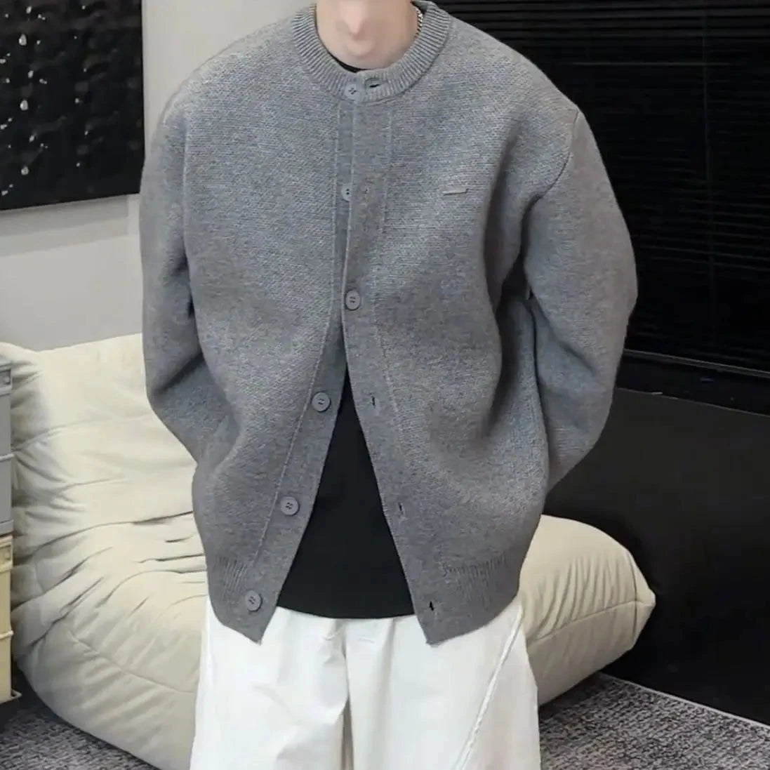 Simple Elegant Cardigan Personalized Solid Color Round Neck Sweater Jacket Autumn Winter Loose Knitted Cardigan Cityboy Knitwear voguable