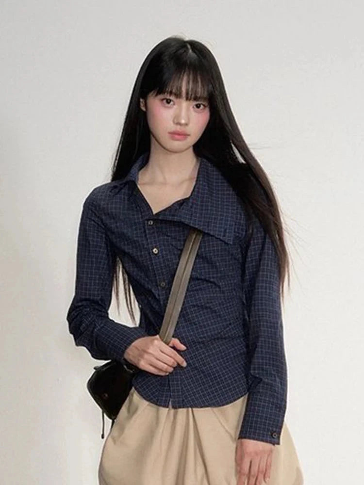 Vintage Slim Plaid Shirt Women Elegant Fall Long Sleeve Design Blouse Casual Preppy Style Female Retro Korean Sweet Tops voguable