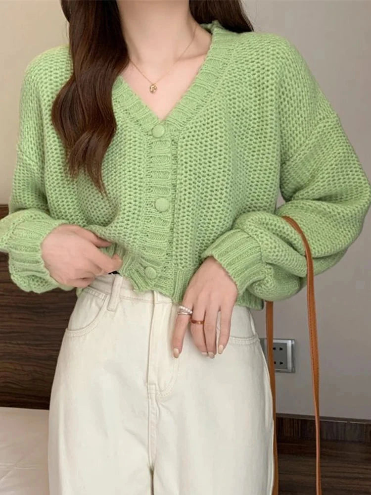 Sexy Cropped Sweet Cardigan Women V Neck Vintage Slim Long Sleeve Knitted Sweaters Korean Causal Simple Solid Lady Fall Tops New voguable