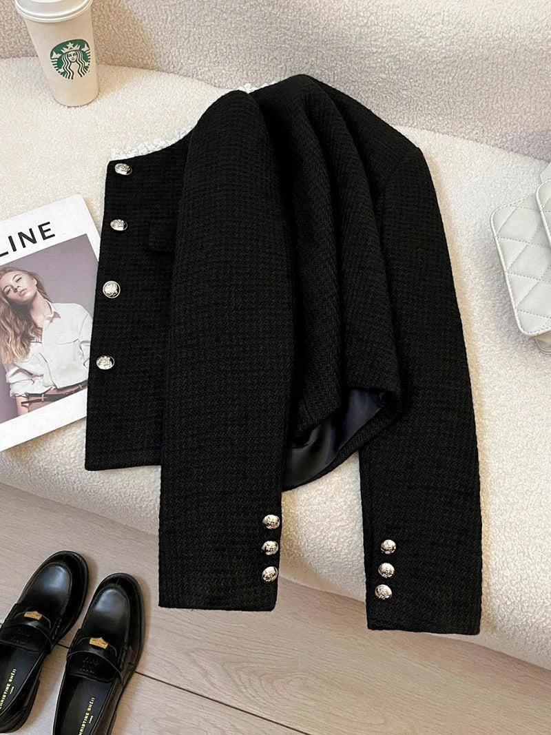 Black Slim Elegant Tweed Jacket Women Vintage Lace Patchwork Long Sleeve Sweet Coat Fall Winter French Casual Retro Tops voguable