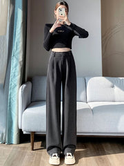 Fall Winter Woolen Suit Pants Women High Waist Loose Casual Wide-Leg Trousers Y2K Solid Korean Chic Office Lady Straight Pants voguable