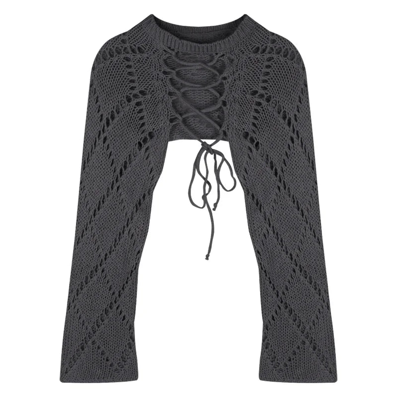 Voguable 2024 Summer New Korean Hollow Sexy Backless Lace-up Solid Color Long-sleeved Sweater Women + Basic Camisole Two-piece Suit voguable