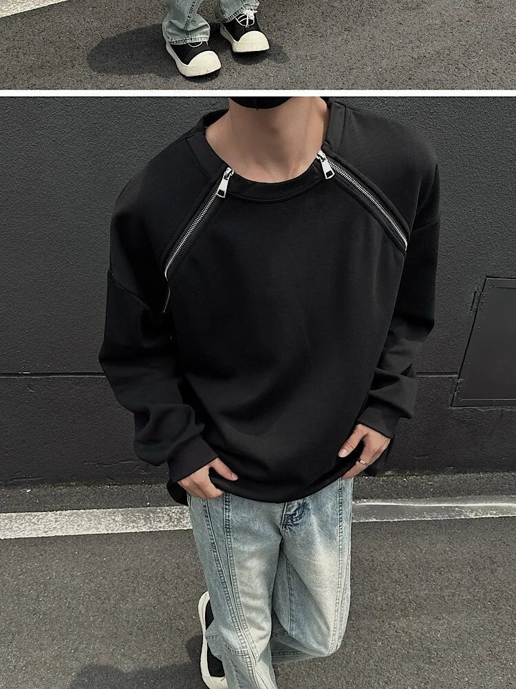 2025 Spring Men Sweatshirts Metal Zipper Solid Color Casual O Neck Fashion Oversize Streetwear Hip Hop Male White/Black voguable