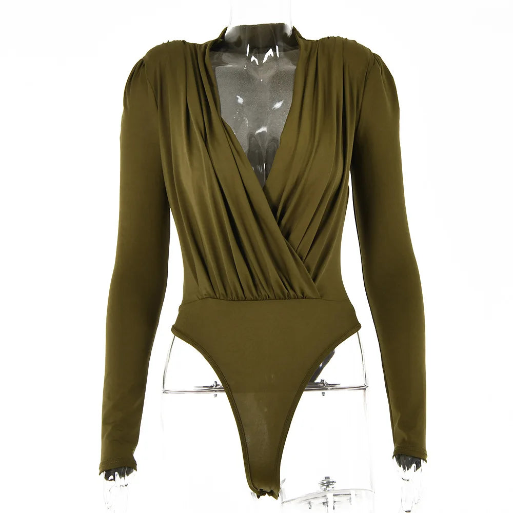 V Neck Brown Bodysuit Women Autumn Long Sleeve Top Bodies Sexy Female Overalls Casual Bodycon Bodysuits voguable
